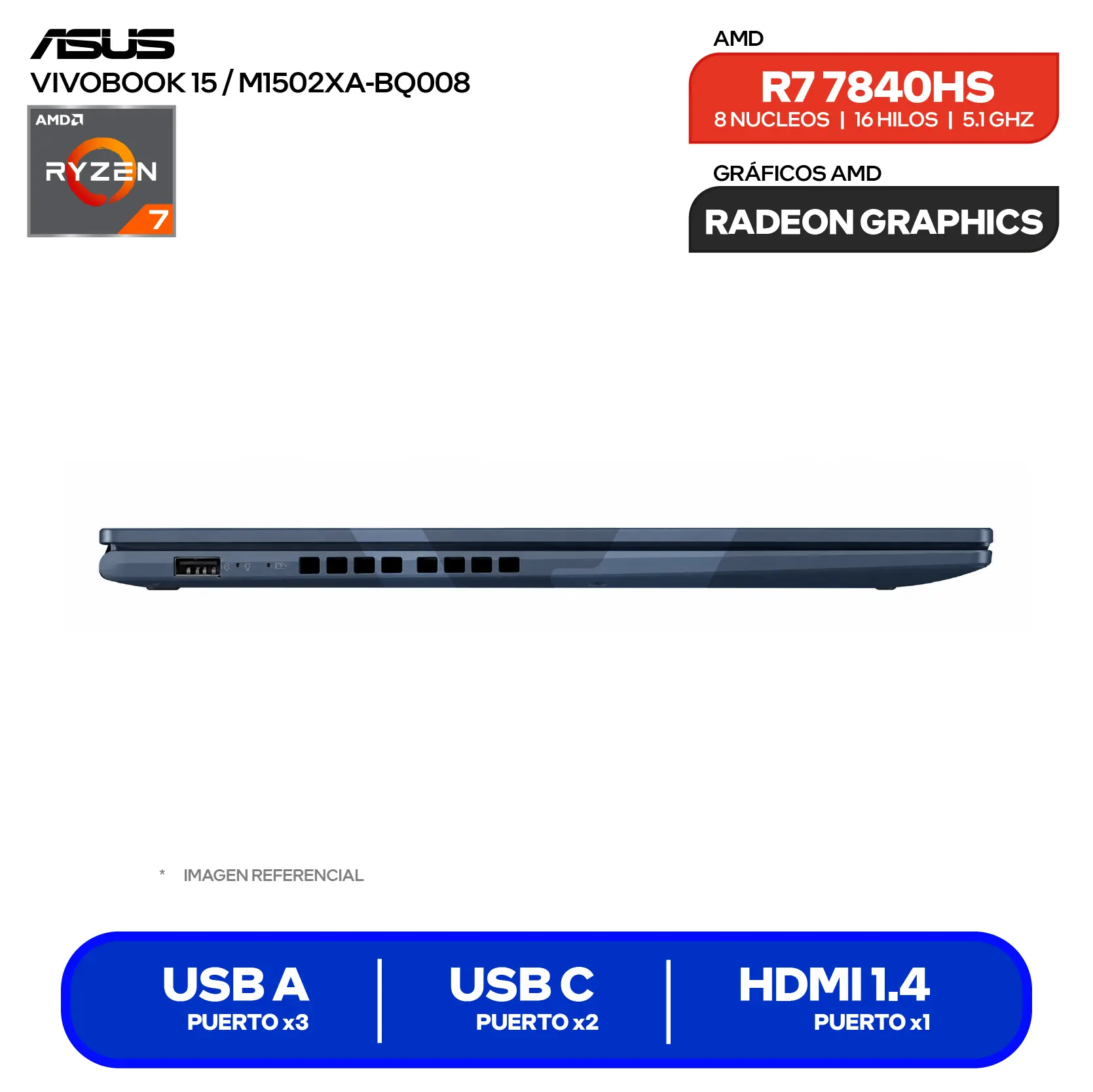 Laptop Asus Vivobook M1502XA-BQ008 (90NB19L1-M000B0) AMD Ryzen 7 7840, 8GB RAM, 512GB SSD, 15.6'' FHD, FreeDos