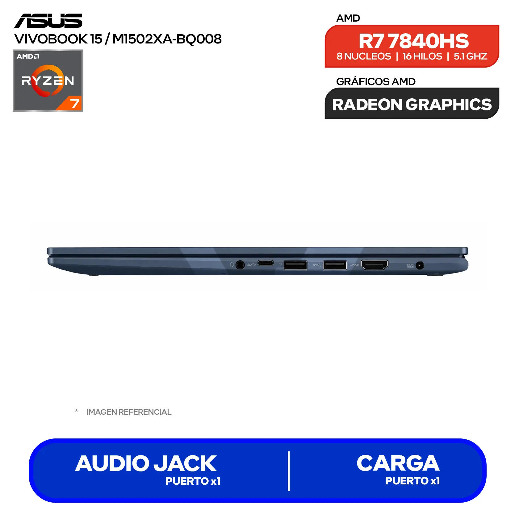 Laptop Asus Vivobook M1502XA-BQ008 (90NB19L1-M000B0) AMD Ryzen 7 7840, 8GB RAM, 512GB SSD, 15.6'' FHD, FreeDos
