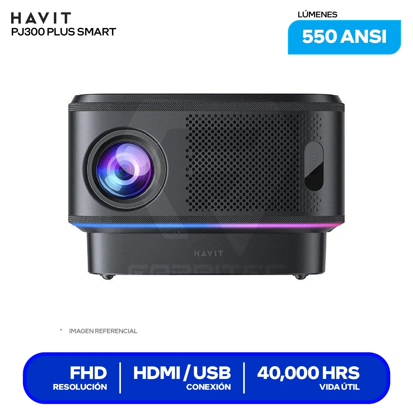 Proyector Havit PJ300 Plus Smart ( HVPJ-PJ300 PLUS-US-BK) 550 ANSI Lúmenes, Resolución 4K, Android TV 11.0