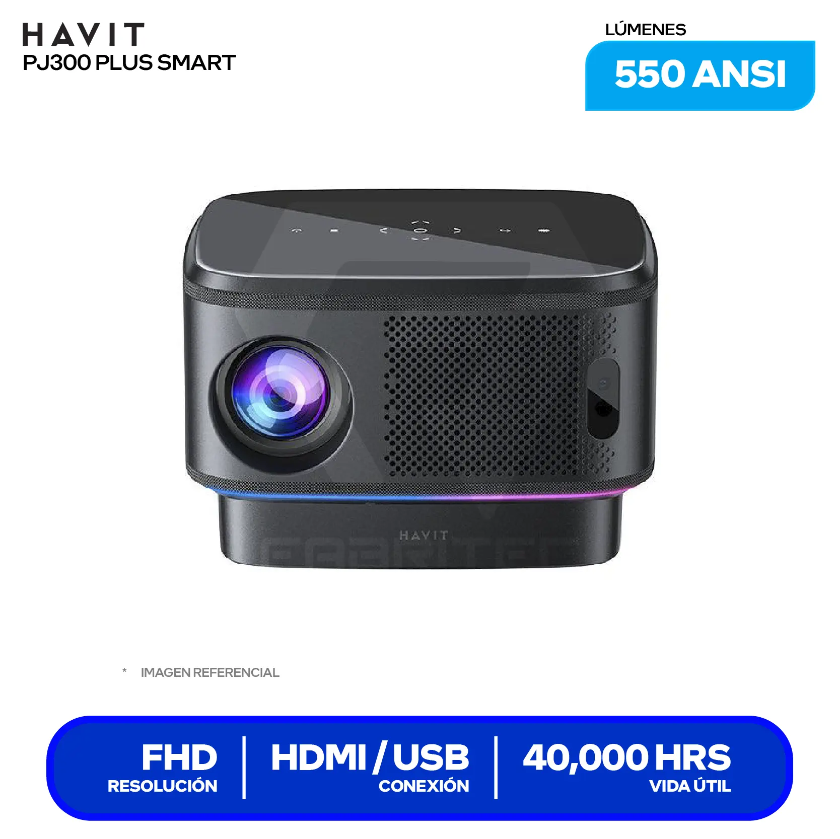 Proyector Havit PJ300 Plus Smart ( HVPJ-PJ300 PLUS-US-BK) 550 ANSI Lúmenes, Resolución 4K, Android TV 11.0