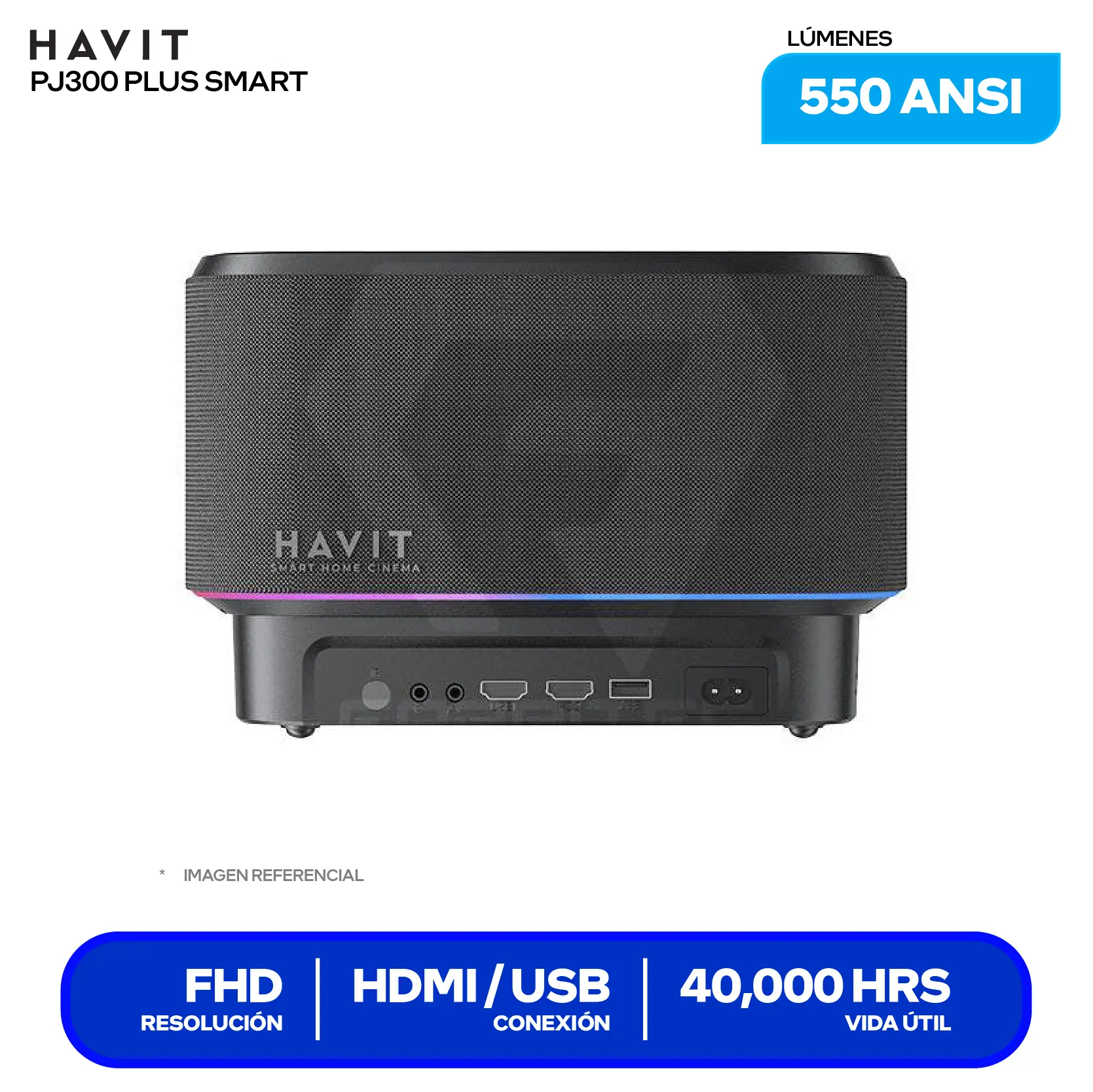 Proyector Havit PJ300 Plus Smart ( HVPJ-PJ300 PLUS-US-BK) 550 ANSI Lúmenes, Resolución 4K, Android TV 11.0