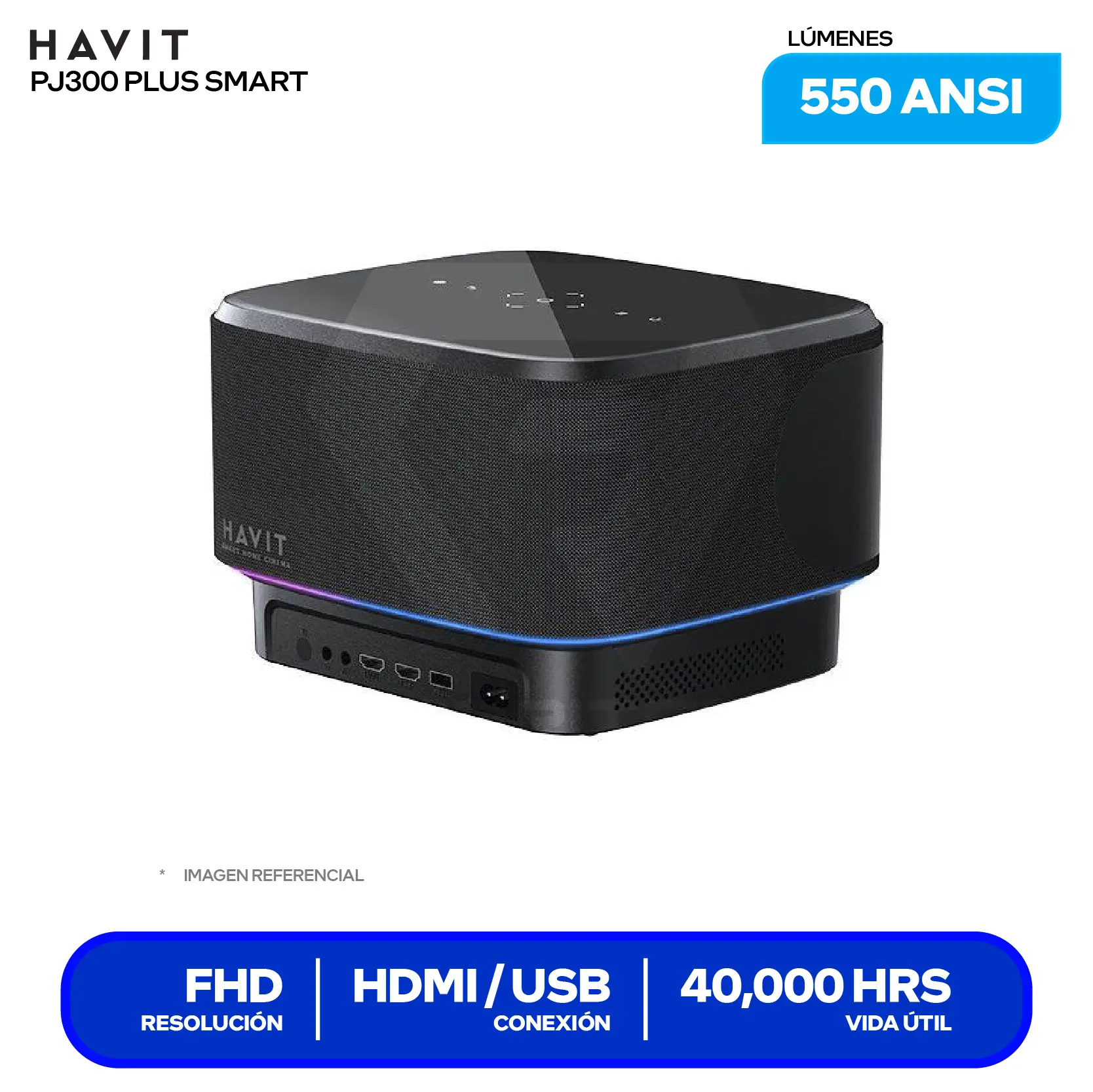 Proyector Havit PJ300 Plus Smart ( HVPJ-PJ300 PLUS-US-BK) 550 ANSI Lúmenes, Resolución 4K, Android TV 11.0