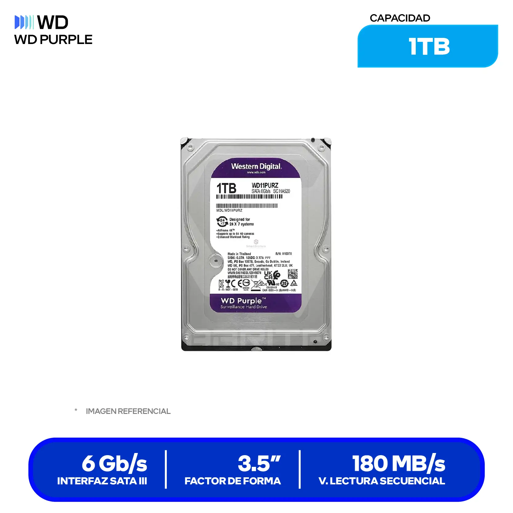 Disco Duro Western Digital Purpura 1TB (WD11PURZ) 3.5" SATA, 5400 RPM, 64MB