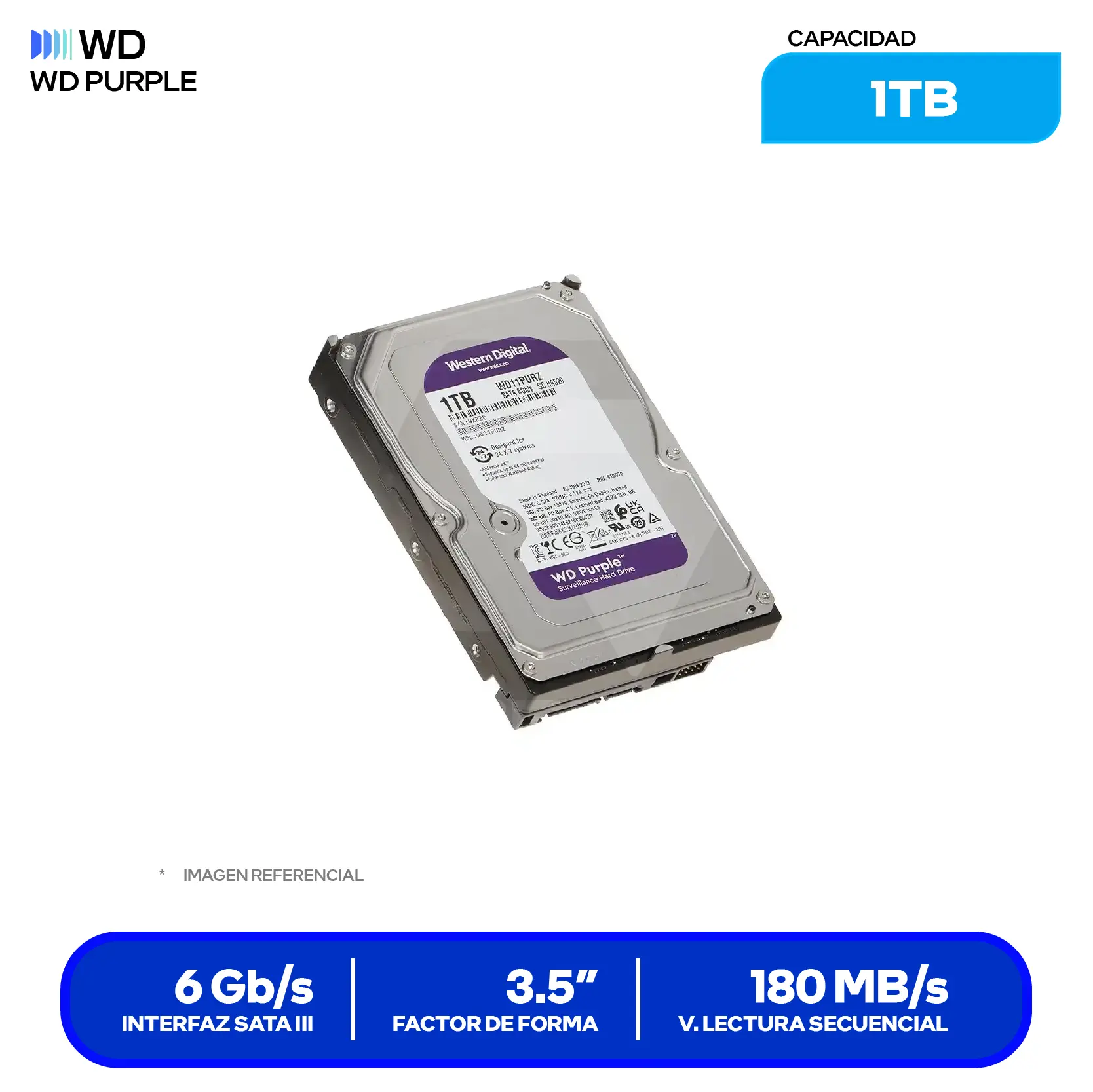 Disco Duro Western Digital Purpura 1TB (WD11PURZ) 3.5" SATA, 5400 RPM, 64MB