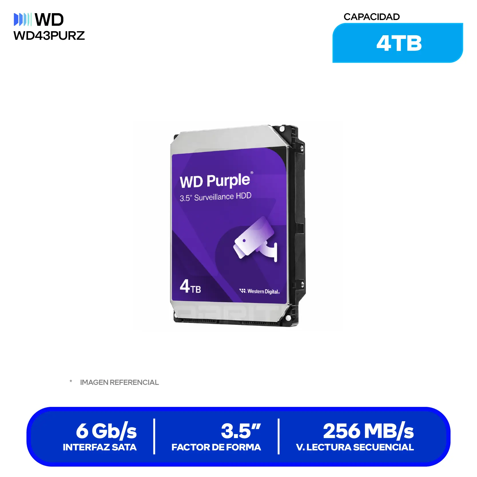 Disco Duro Western Digital Purpura 4TB (WD43PURZ) 3.5" SATA, 5400 RPM, 256MB