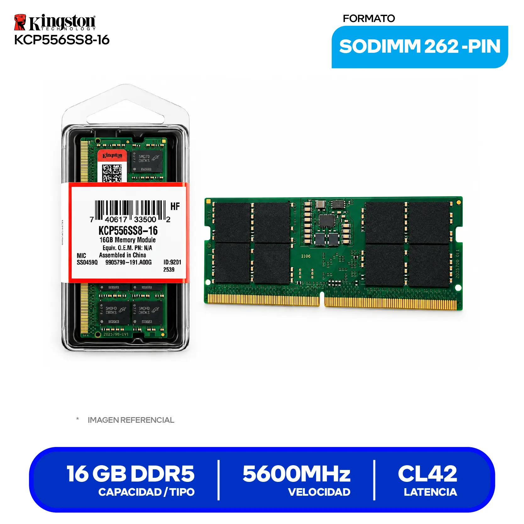 Memoria SO-DIMM Kingston  (KCP556SS8-16) 16GB, DDR5, 5600 MHz