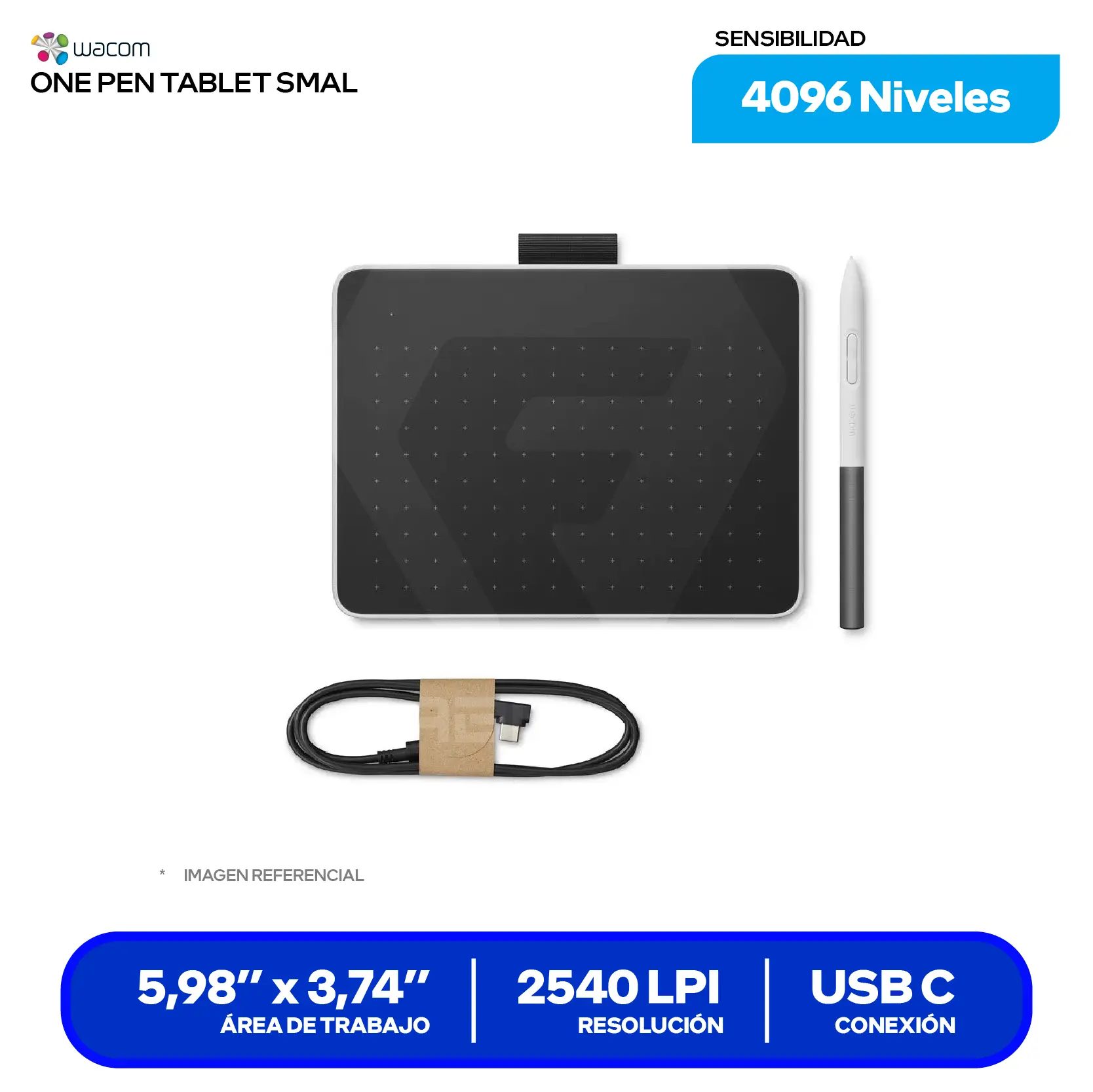 Tableta Gráfica Wacom One Small (CTC4110WLW0A) Bluetooth, USB-C, Con lápiz