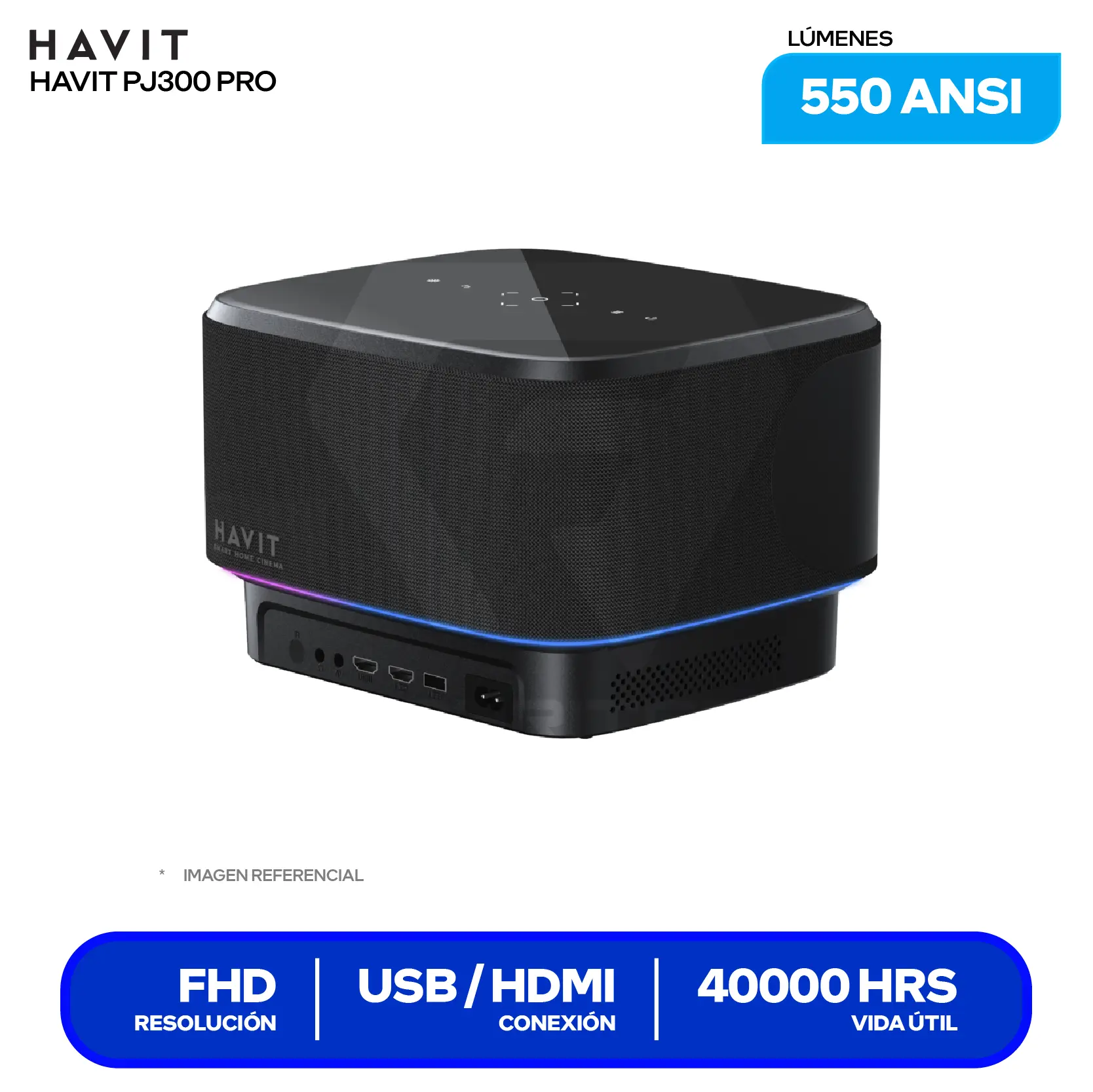 Proyector Havit PJ300 Pro Smart (HVPJ-PJ300PRO-US-BK)14,000 Lúmenes / 550 ANSI, Resolución 4K, Android TV 9.0