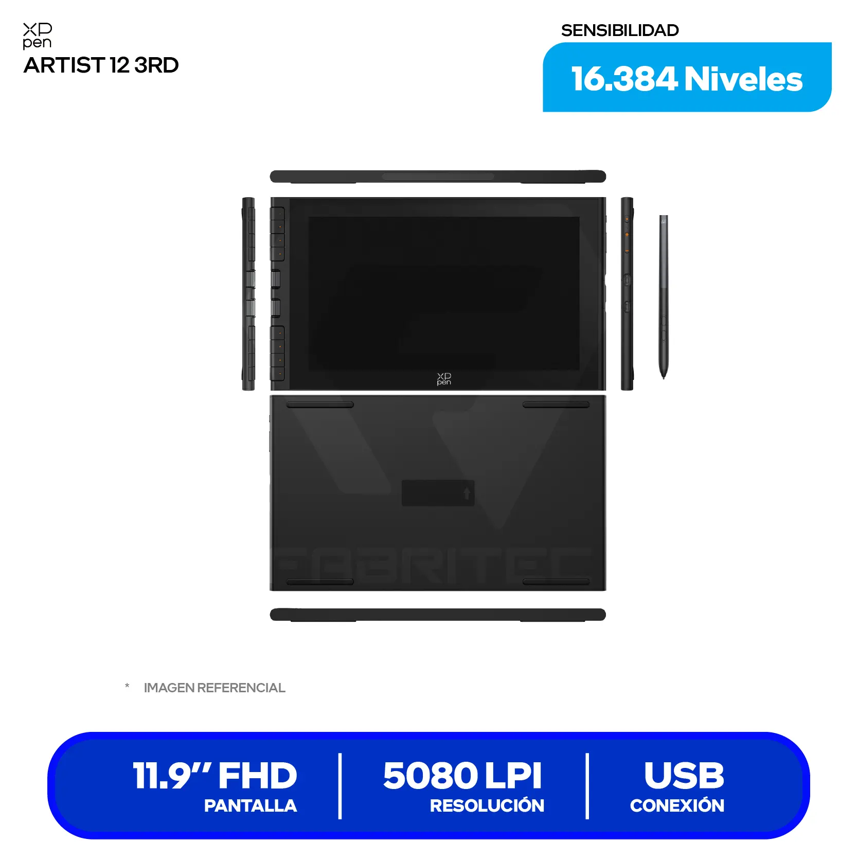 Tableta Gráfica XP-Pen Artist 12 11.9" (819041104) FHD, USB-C, Con lápiz