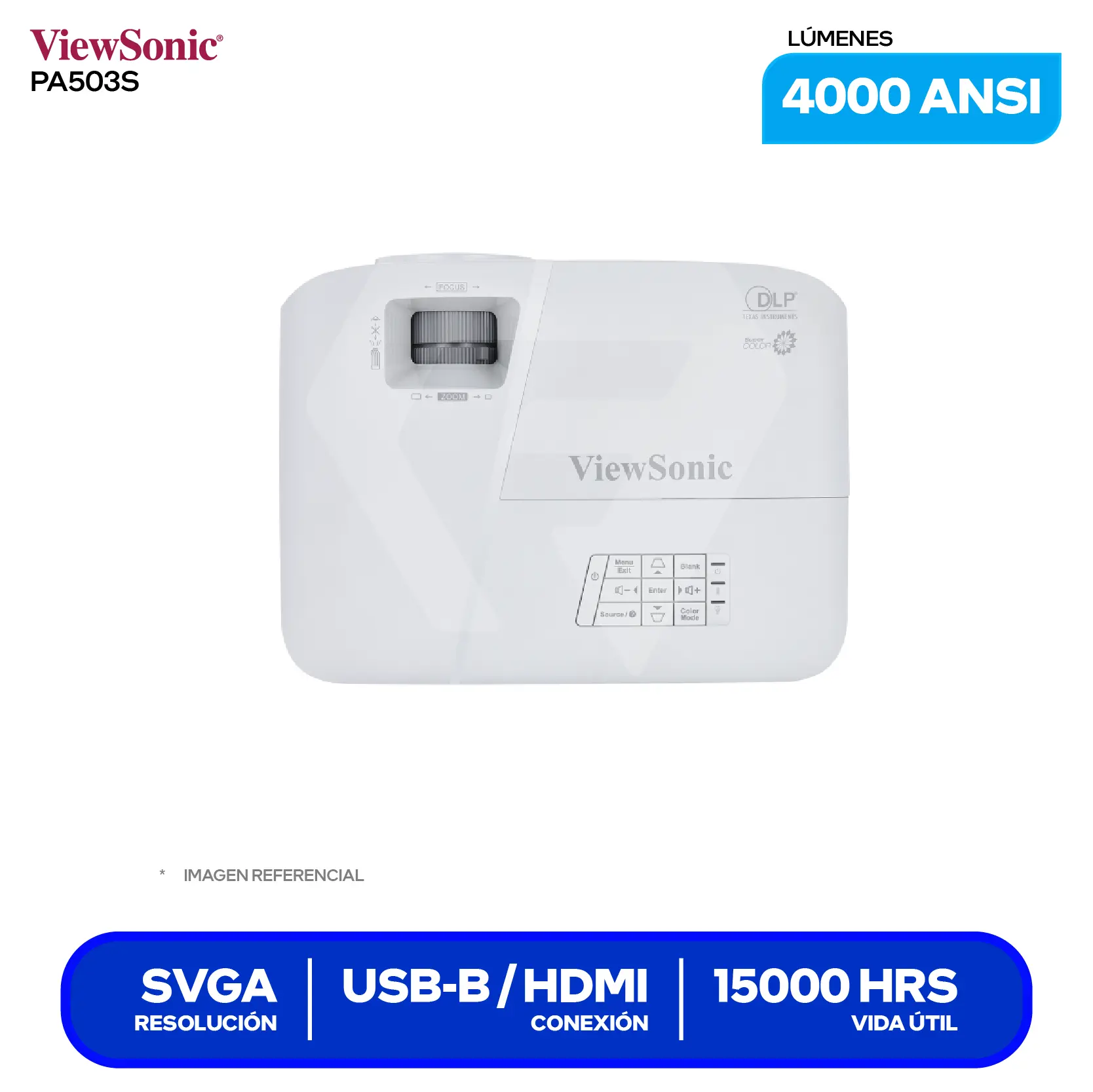 Proyector ViewSonic PA503S (PA503S), 4000 ANSI Lúmenes, Resolución SVGA, Tecnología DLP SuperColor