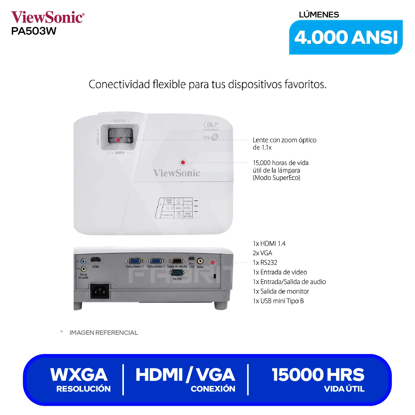 Proyector ViewSonic PA503W (PA503W), 4000 ANSI Lúmenes, Resolución WXGA, Tecnología DLP SuperColor