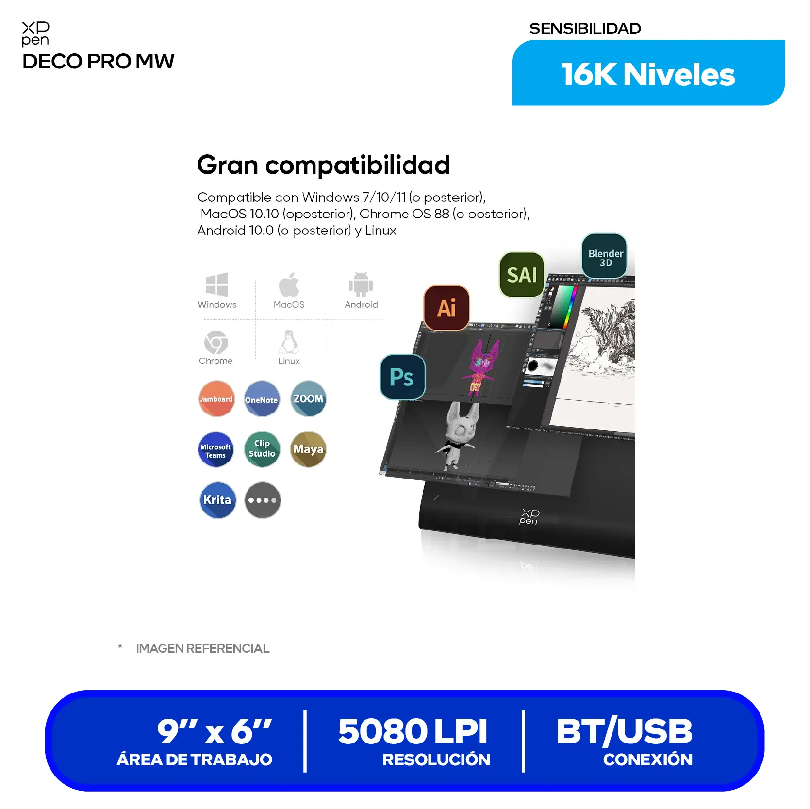 Tableta Gráfica XP-Pen Deco Pro MW Gen 2 9x6" (819020651) Bluetooth, USB-C, Con lápiz