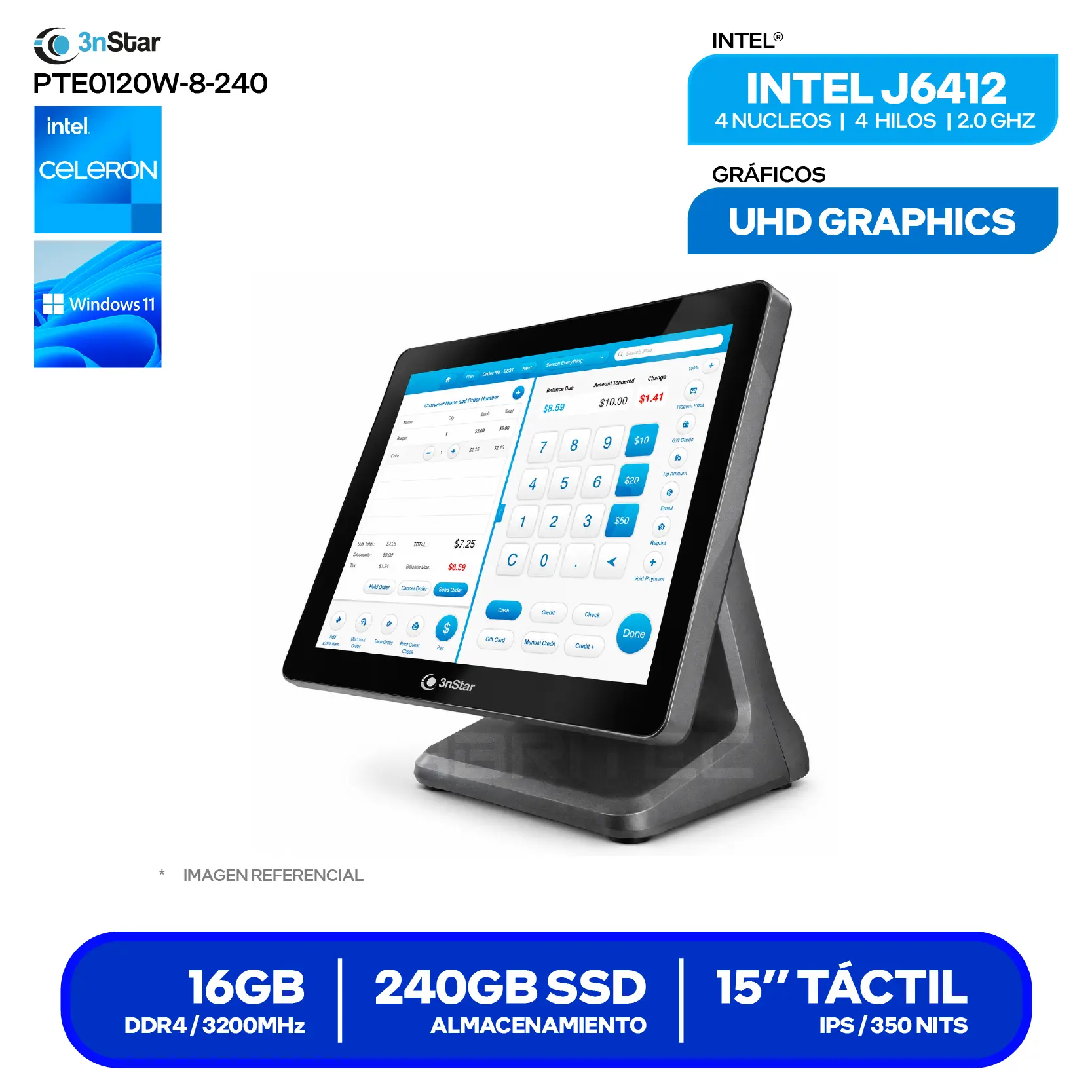 AIO POS 3nstar (PTE0120W-8-240 W11) Intel J6412, 8GB RAM, 240GB SSD, 15" Táctil