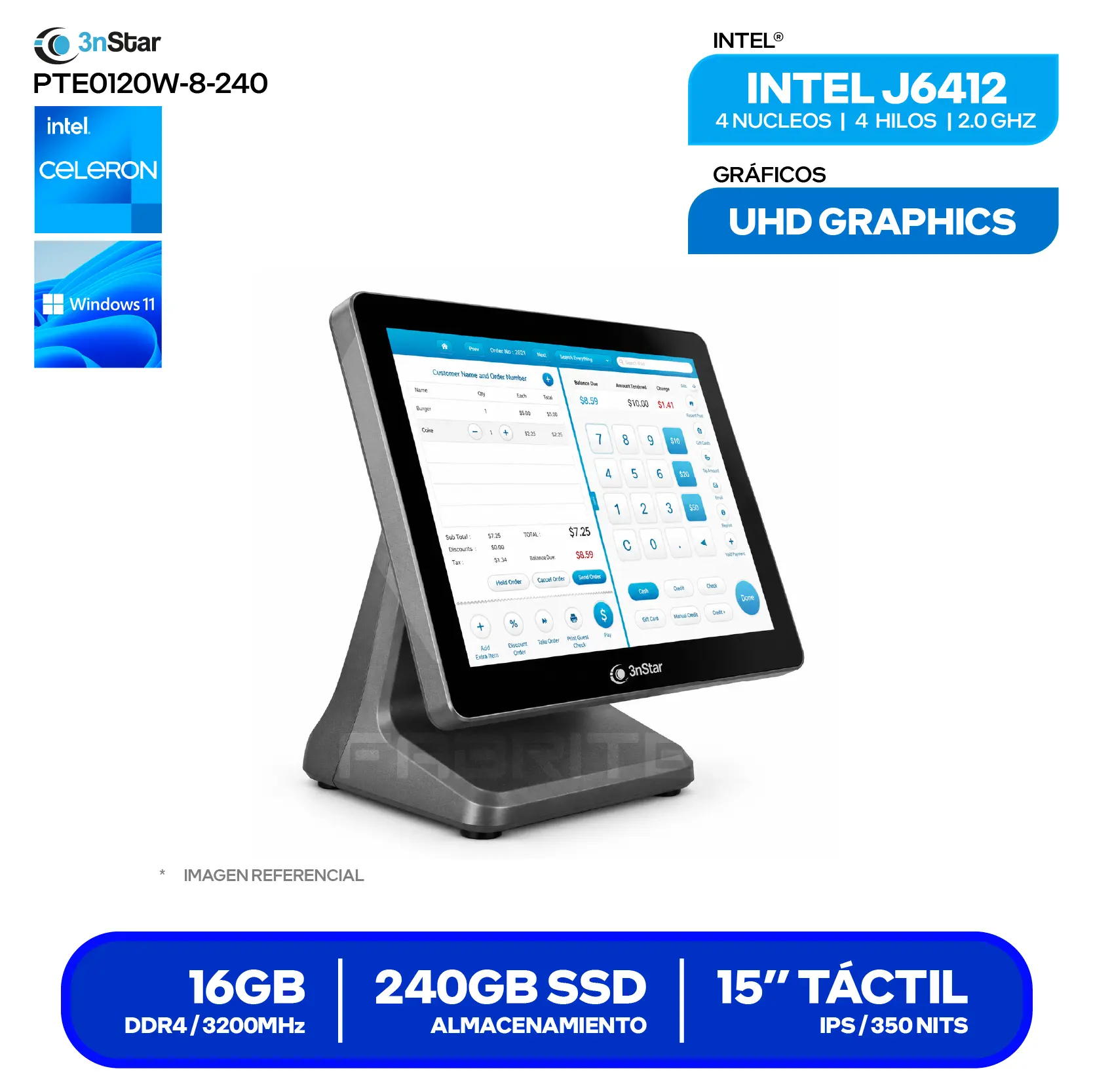 AIO POS 3nstar (PTE0120W-8-240 W11) Intel J6412, 8GB RAM, 240GB SSD, 15" Táctil