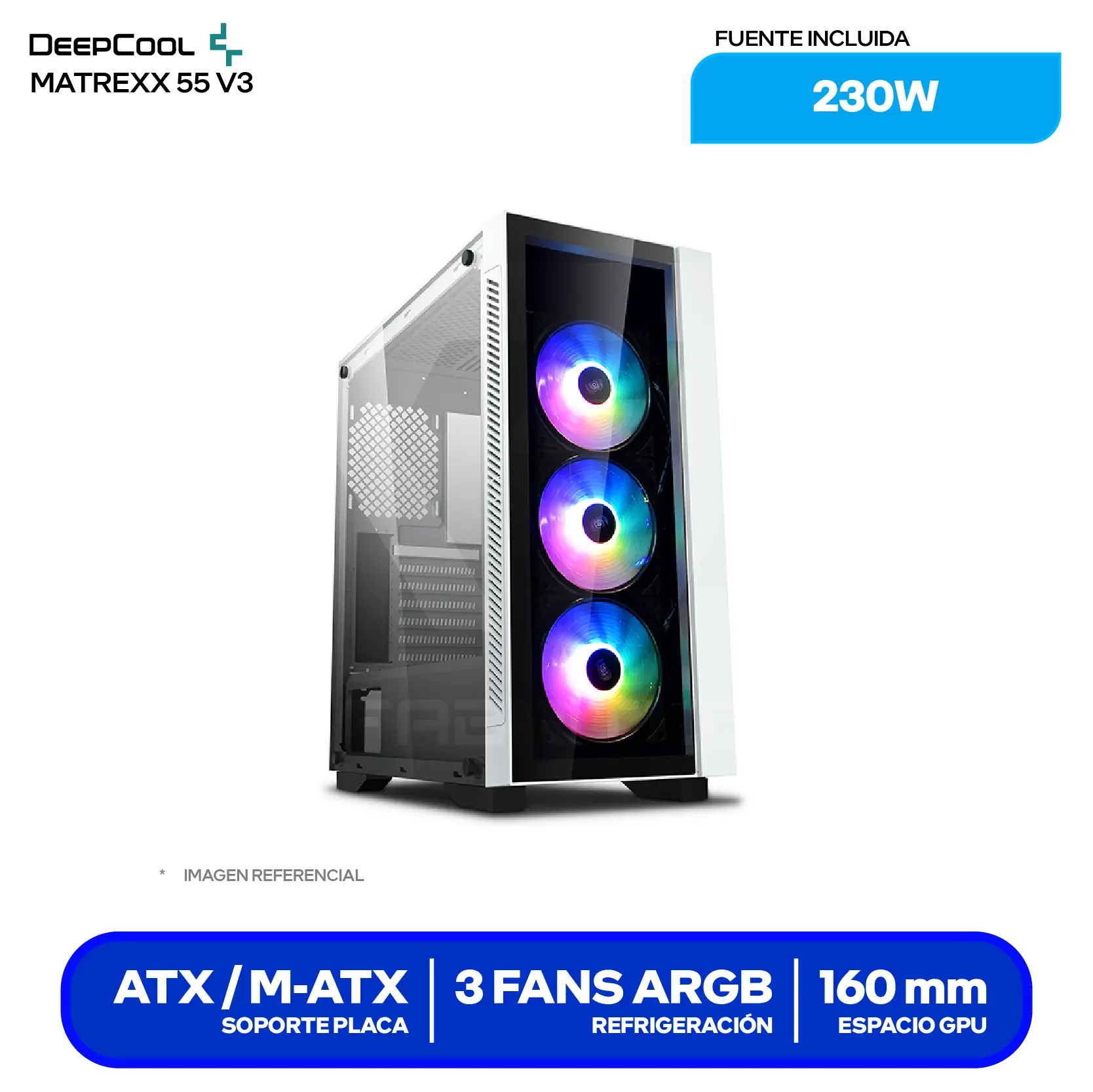 Case Gamer DeepCool Matrexx 55 V3 White (DP-ATX-MATREXX55V3-AR-WH-3F) Sin Fuente, Vidrio Templado, 3 Fans ARGB